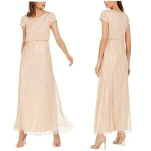 Adrianna Papell NWT Short Sleeve Beaded Blouson Gown Size 4 Champagne Sand Pink
